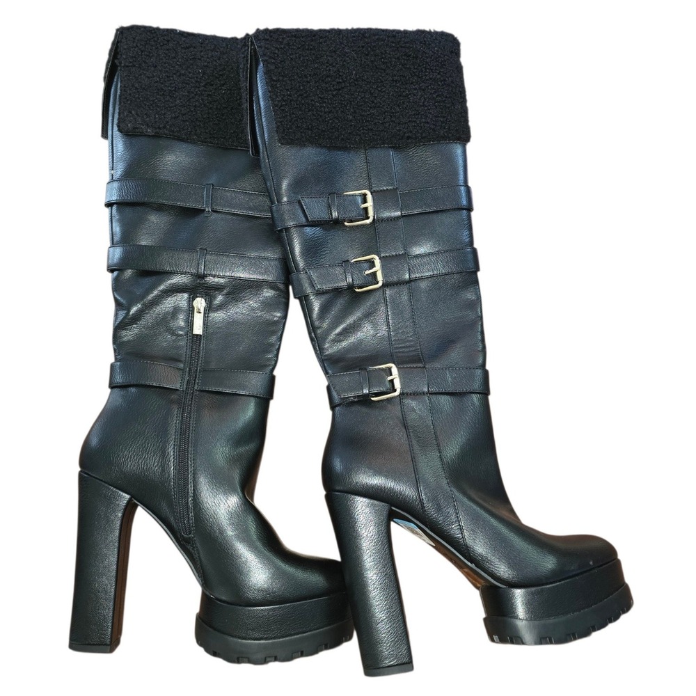 Jessica Simpson Black Platform Knee High Buckle Boots Faux Shearling Trim 8.5M